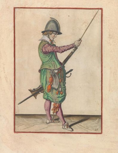 Soldier sliding his ramrod into the holder under the barrel of his musket
