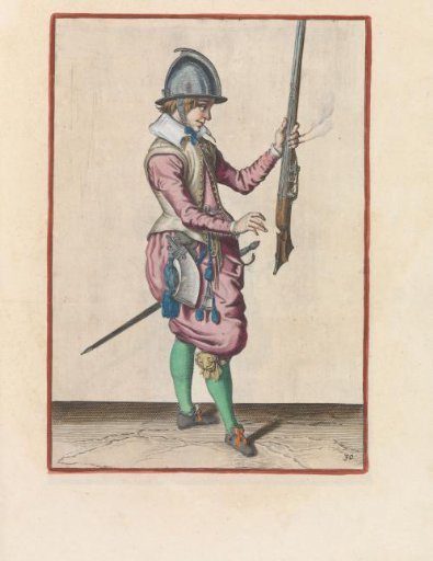Soldier holding his musket upright with his left hand