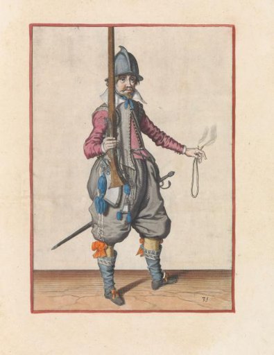 Soldier holding his musket upright with his right hand