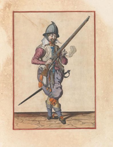 Guard soldier holding his musket with his right hand angled upward while letting the barrel fall in his left hand