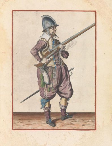 Guard soldier holding his musket with his right hand angled upward at his side, his finger on the trigger