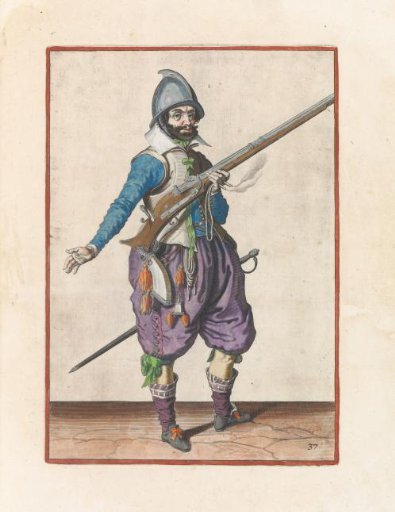Guard soldier holding his musket with his left hand at his right side angled upward, his right hand extended