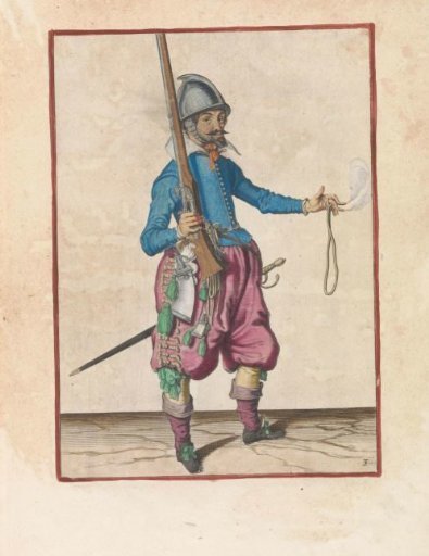 Soldier holding his musket upright with his right hand, his left hand open to receive the weapon