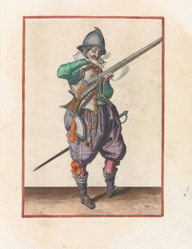 Guard soldier with a musket bringing his match to his mouth to blow it clean