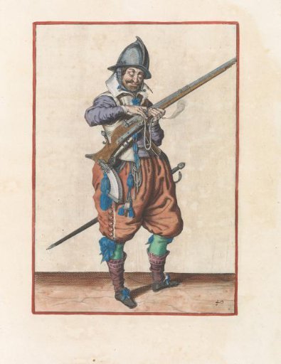Guard soldier pressing the match onto the hammer of his musket