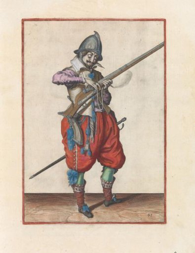 Guard soldier giving the match on the hammer of his musket the correct position and shape