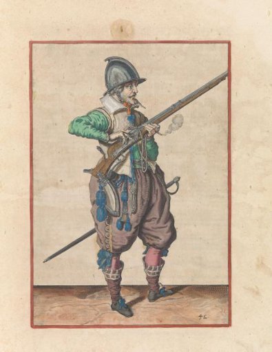 Soldier on guard covering the pan of his musket with two fingers to prevent sparks