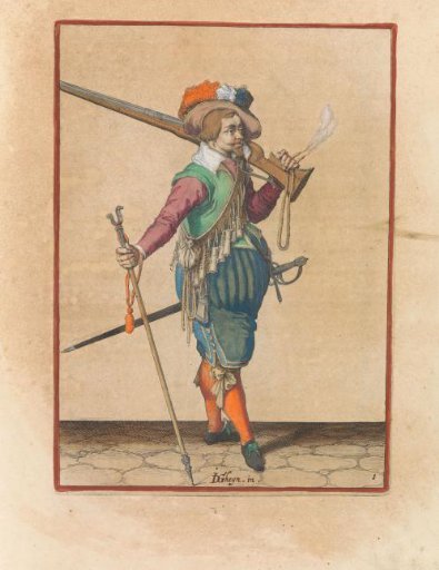 Soldier carrying his musket on his left shoulder and holding his fork in his right hand