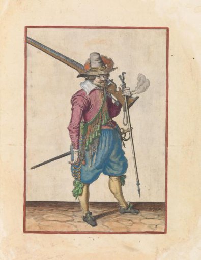 Soldier carrying his musket on his left shoulder and holding his fork in his left hand