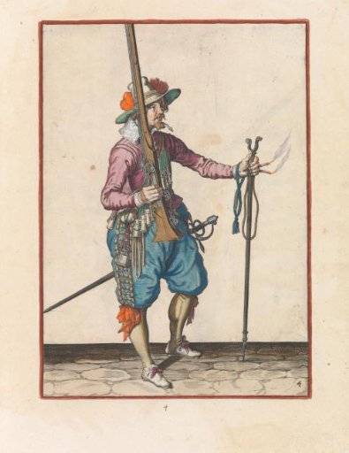 Soldier holding his musket upright with his right hand, placing the fork on his weapon with his left hand