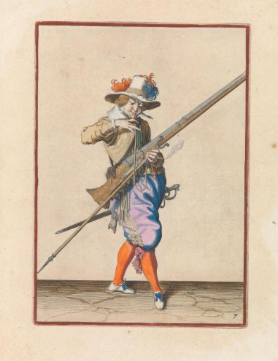 Soldier with a musket bringing his match to his mouth to blow it clean
