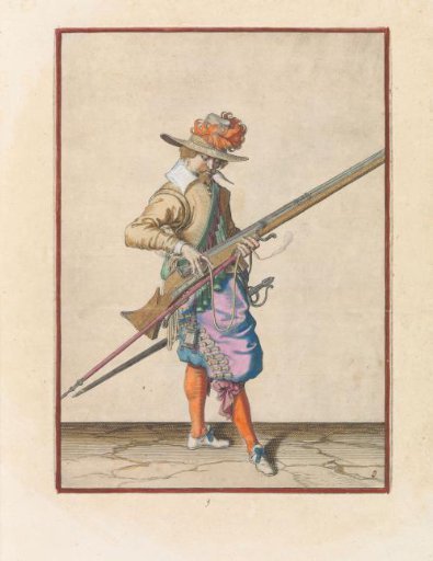 Soldier shaping and positioning the match on the cock of his musket