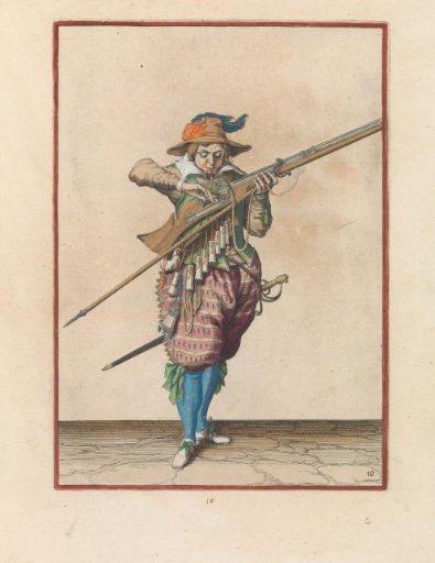 Soldier blowing his match clean while covering the pan of his musket with two fingers to prevent sparks