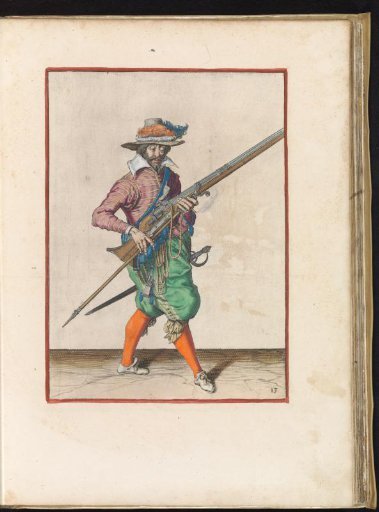Soldier holding his musket diagonally upward with his left hand while removing the fork from under the barrel