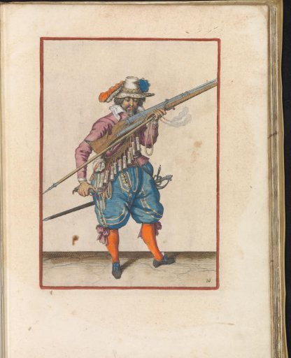 Soldier blowing sparks away from the pan of his musket