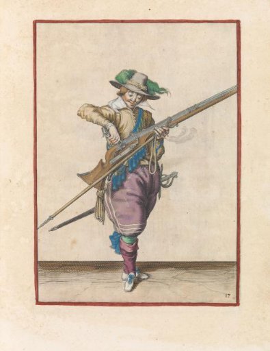 Soldier pouring powder into the pan of his musket