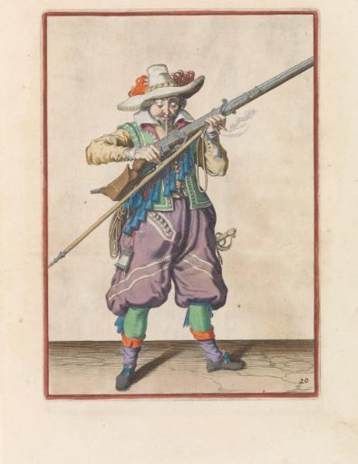 Soldier blowing powder from his musket