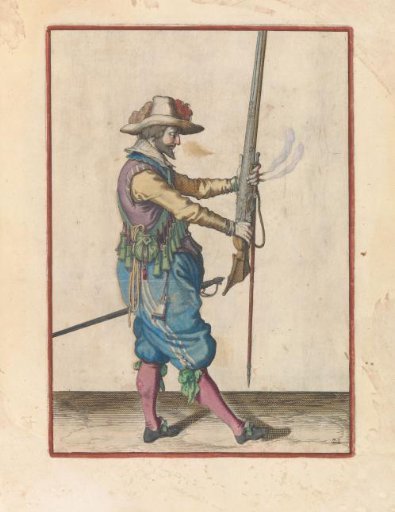Soldier holding his musket upright with both hands in front of him