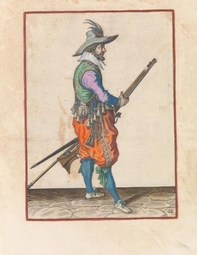 Soldier holding his musket with both hands at his left thigh