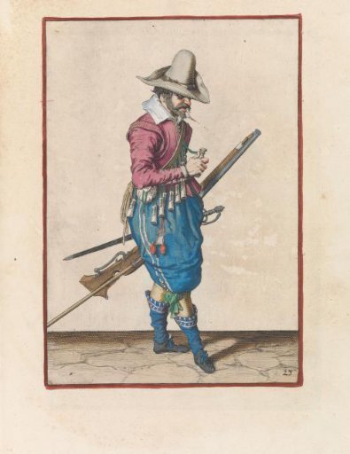 Soldier with a musket opening a powder measure
