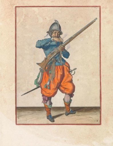Soldier with a musket bringing his match to his mouth to blow it clean