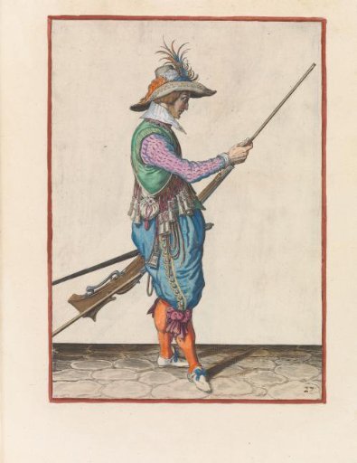 Soldier pushing powder and ball into the barrel of his musket with his ramrod
