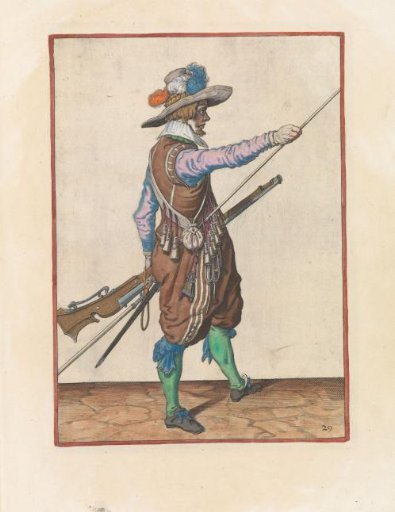 Soldier with a musket sliding his right hand toward the end of his ramrod
