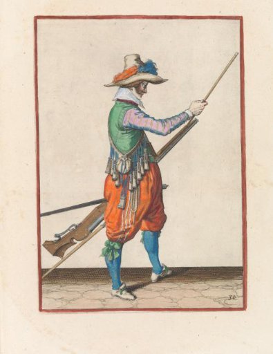 Soldier sliding his ramrod into the holder under the barrel of his musket