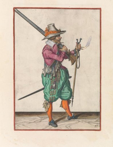 Soldier placing his musket on his shoulder with his right hand