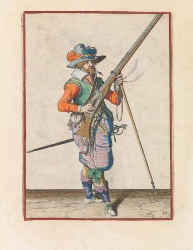 Soldier on guard holding his musket diagonally upward with his right hand while placing the barrel on his fork with his left hand
