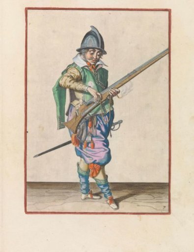 Soldier pressing the match onto the hammer of his musket