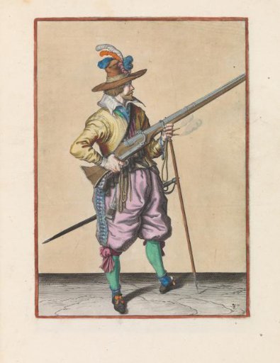 Soldier on guard holding his musket diagonally upward at his right side, finger on the trigger