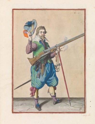 Soldier on guard holding his musket diagonally upward at his right side with his left hand while removing his hat with his right hand