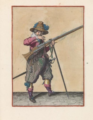 Soldier on guard with a musket, bringing the match to his mouth to blow it clean