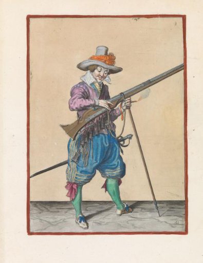 Soldier on guard pressing the match onto the cock of his musket