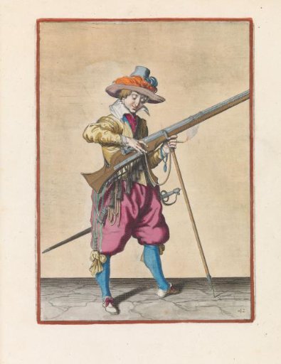 Soldier on guard adjusting the match on the cock of his musket to the correct position and shape