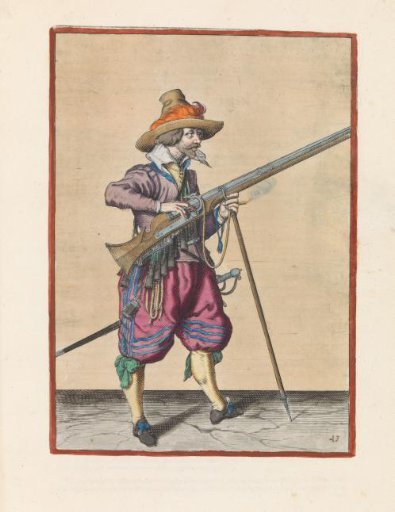 Soldier on guard covering the pan of his musket with two fingers against sparks