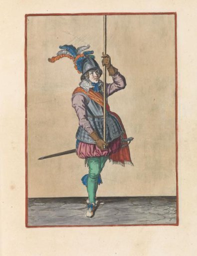 Soldier holding his pike upright with both hands in front of him, high above the ground