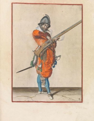 Soldier giving the match on the hammer of his musket the correct position and shape