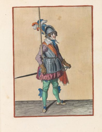 Soldier holding his pike upright with both hands in front of him, high above the ground