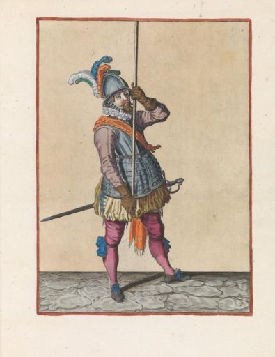 Soldier holding his pike upright with his right hand in the crook of his right arm