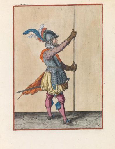 Soldier, turned to the left, holding his pike upright with both hands in front of him, slightly above the ground
