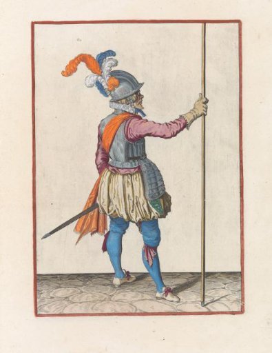 Soldier, seen from the back, holding his pike upright with his right hand