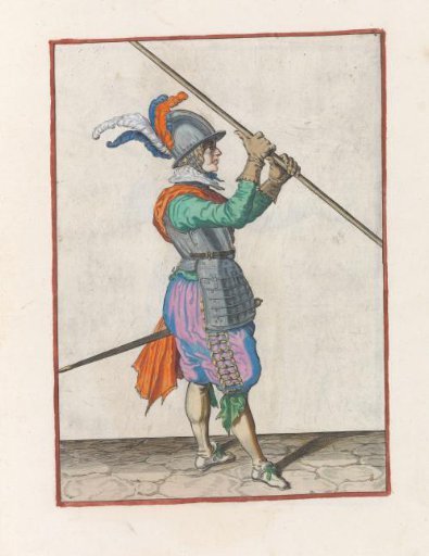 Soldier carrying his pike with both hands close together above his right shoulder, the point angled towards the ground