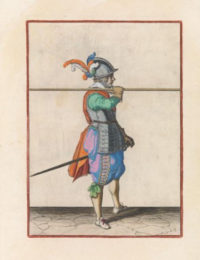 Soldier carrying his pike horizontally on his right shoulder