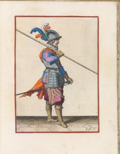 Soldier carrying his pike on his right shoulder, the point angled towards the ground