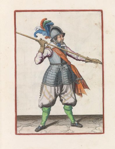 Soldier carrying his pike with both hands wide apart above his right shoulder, the point angled towards the ground
