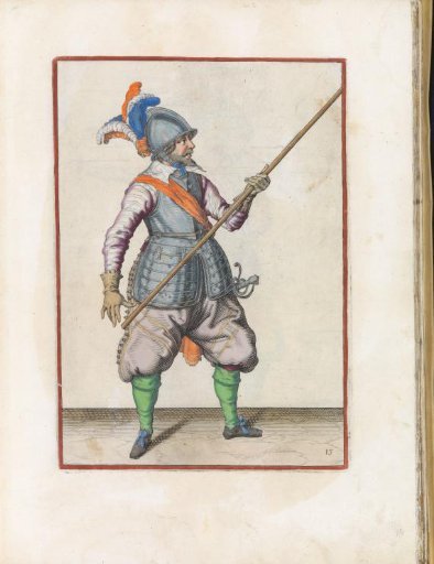 Soldier carrying his pike with his left hand at his right side, the point angled upwards