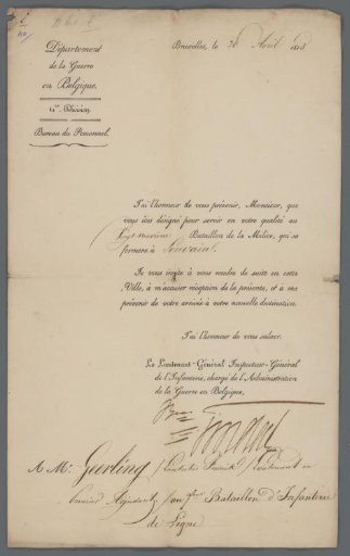Military instruction to Lambertus Frederik Geerling, 20 April 1815