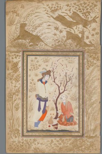 Iranian miniature with a standing youth and a seated dervish or beggar